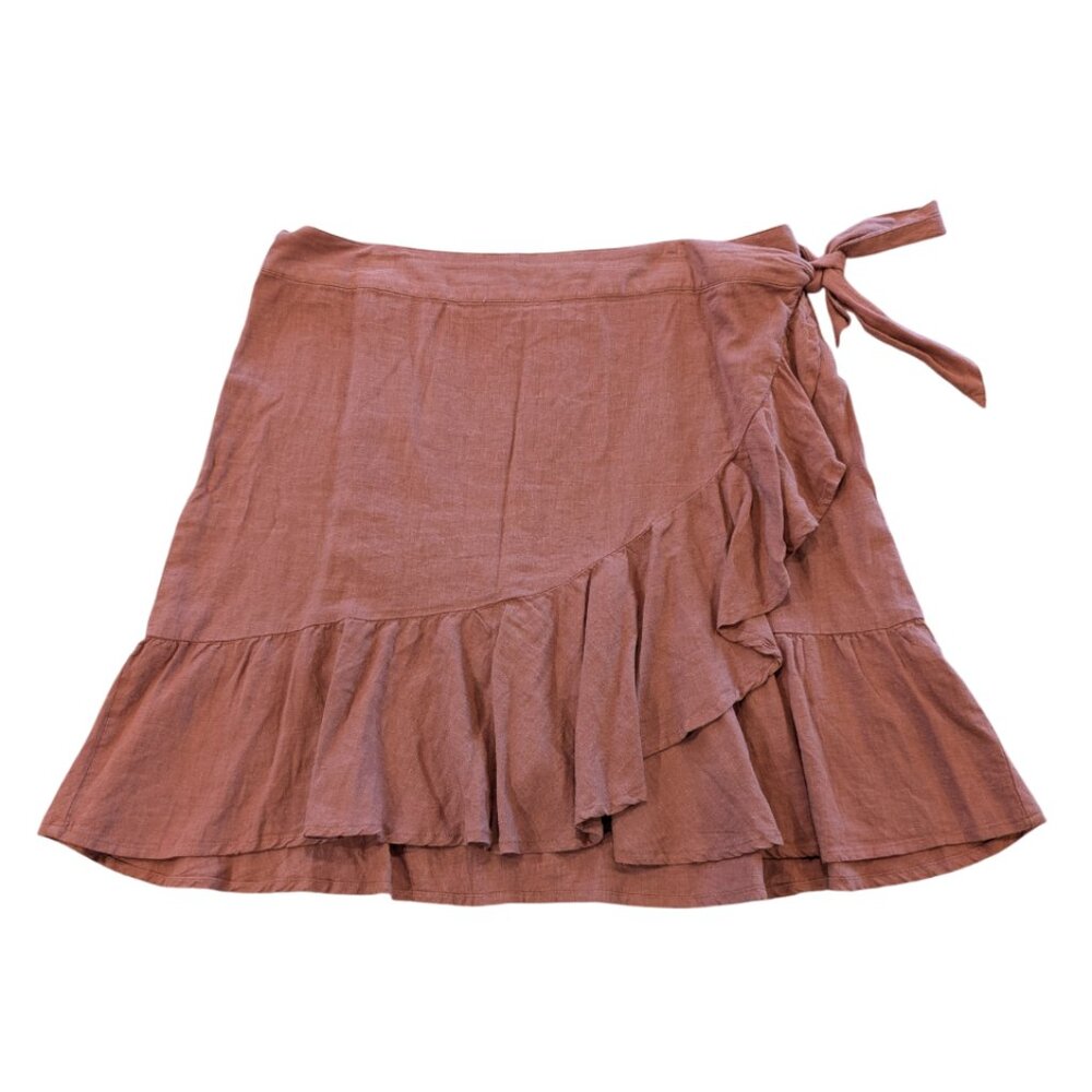 FREE PEOPLE "Ruffle My Feather" Wrap Skirt 12 Dusky Blush Muted Red Ruffle Hem - Picture 2 of 7